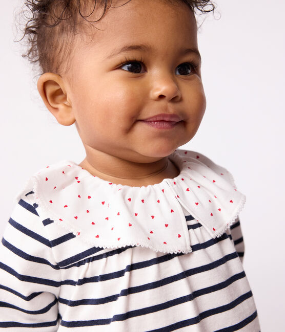 Langärmelige Baby-Bluse aus Baumwolle mit Matrosenstreifen und Herz-Kragen weiss MARSHMALLOW/blau SMOKING