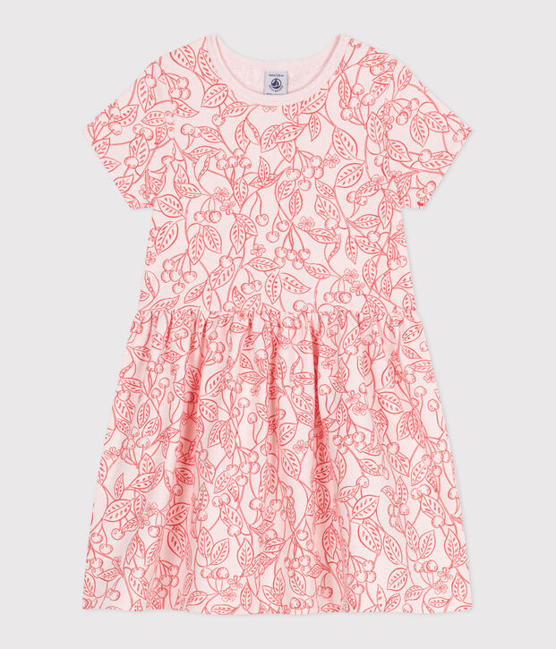 Kurz&auml;rmeliges Kinder-Kleid aus bedruckter Baumwolle rosa/rot