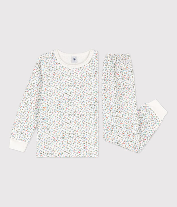 Kinderpyjama aus Molton mit Blumenmotiv f&uuml;r M&auml;dchen weiss/vielfarbig
