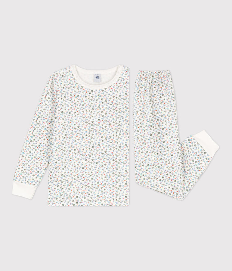Kinderpyjama aus Molton mit Blumenmotiv f&uuml;r M&auml;dchen weiss/vielfarbig