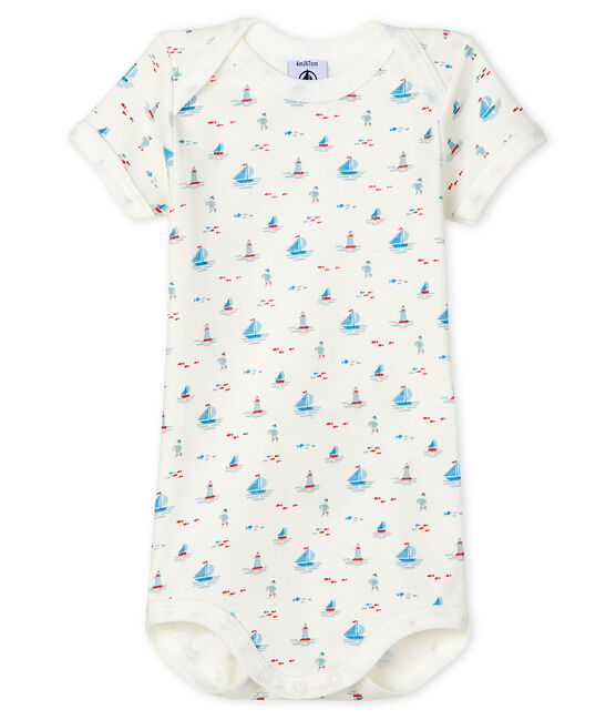 Einteiliger kurzärmliger Baby-Body mit Marine-Aufdruck weiss MARSHMALLOW/weiss MULTICO