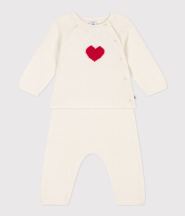 Baby-Set aus Wolle und Baumwolle mit Herzmotiv weiss/rot