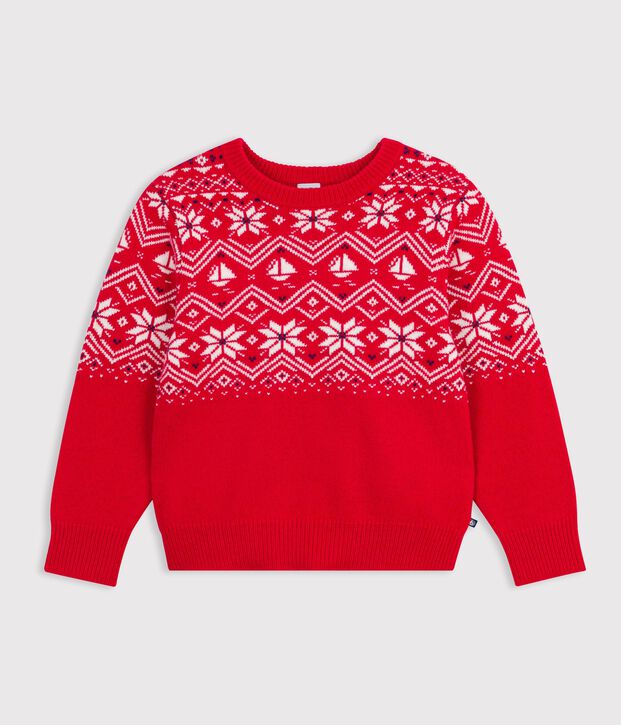 Kinder-Jacquardpullover aus Wolle und Baumwolle rot/vielfarbig
