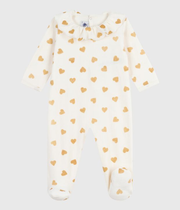 Baby-Pyjama aus Samt mit &Ouml;ffnung auf der R&uuml;ckseite und bedruckt mit Paillettenherzen naturfarben/gelb