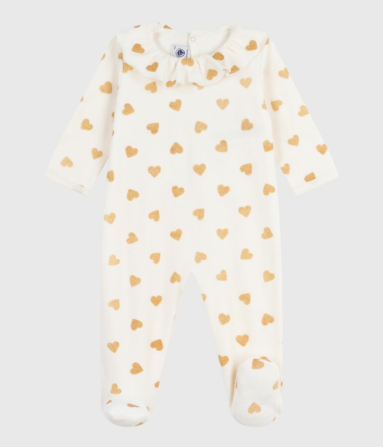 Baby-Pyjama aus Samt mit &Ouml;ffnung auf der R&uuml;ckseite und bedruckt mit Paillettenherzen naturfarben/gelb