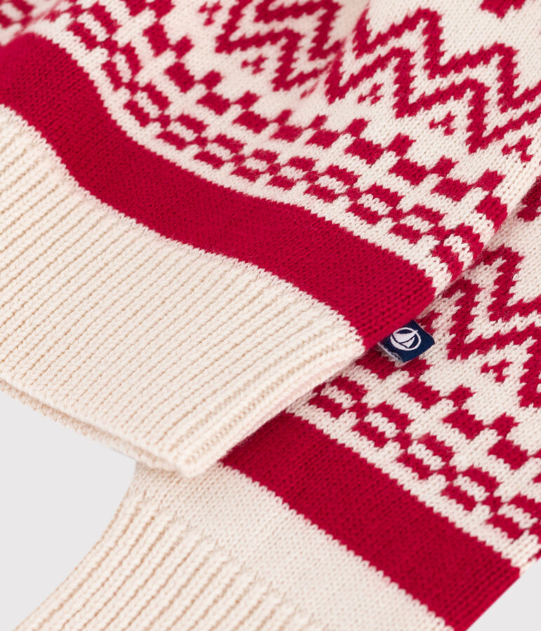 Kinder-Pullover aus Wolle und Baumwolle mit Muster naturfarben/rot