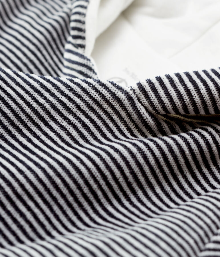 Gestreifte Babyjacke aus Bio-Baumwoll-Velours mit Kapuze weiss/blau