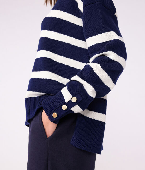 Damen-Pullover mit Stehkragen aus Wolle und Baumwolle mit Streifen blau SOIR/ MARSHMALLOW