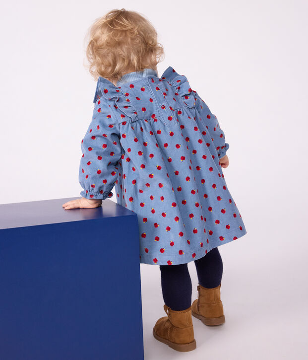 Lang&auml;rmeliges Baby-Kleid aus Fein-Cord mit Apfel-Motiv blau/vielfarbig