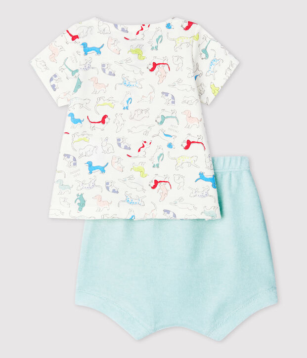 Zweiteiliges Baby-Set aus Frottee und Bio-Baumwolle mit buntem Hundewelpen-Motiv weiss/vielfarbig