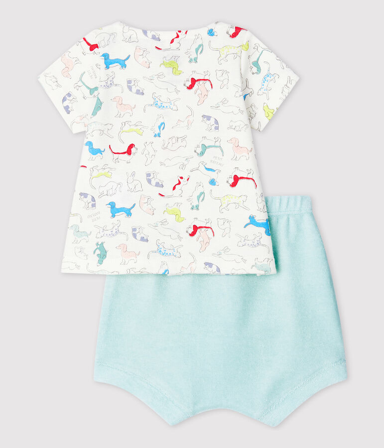 Zweiteiliges Baby-Set aus Frottee und Bio-Baumwolle mit buntem Hundewelpen-Motiv weiss/vielfarbig