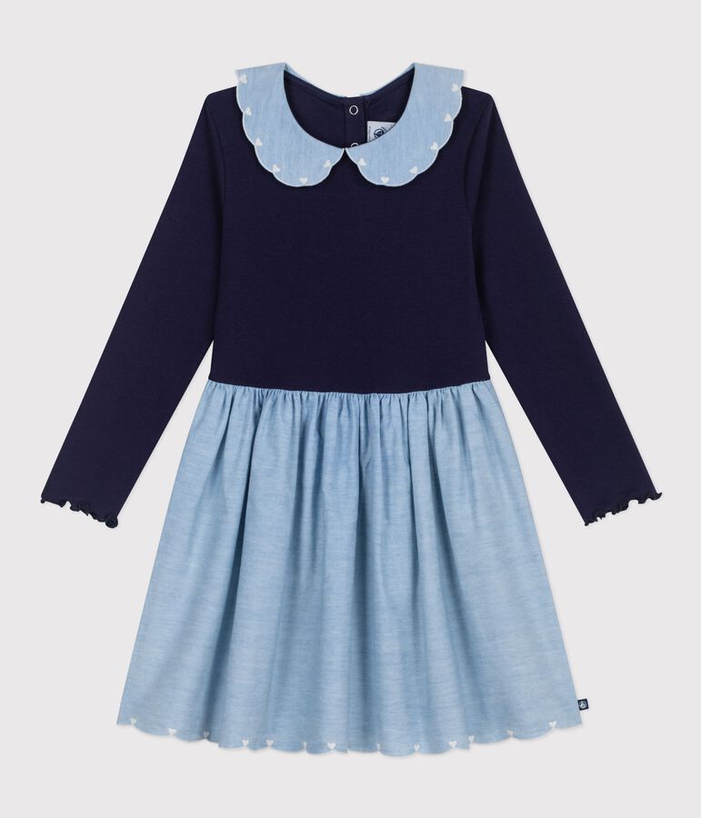 Lang&auml;rmeliges Kinder-Kleid aus zwei Stoffen blau