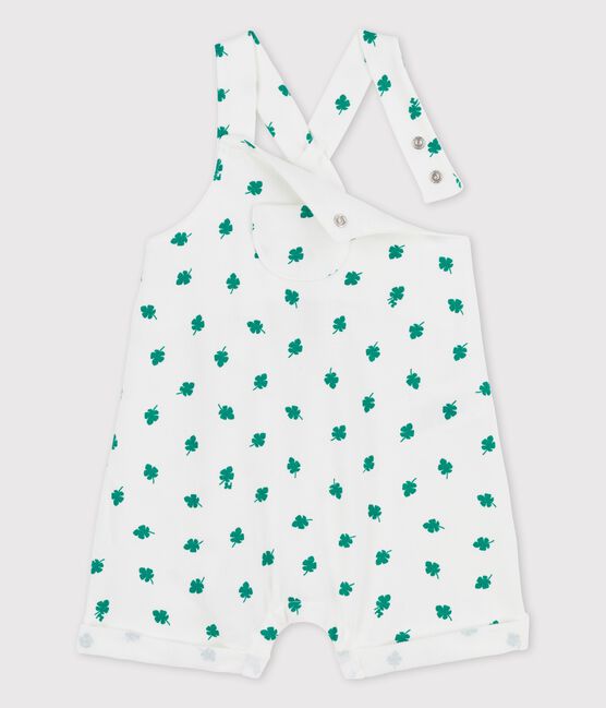 Kurze Baby-Latzhose aus leichtem Bio-Molton mit Pflanzenmuster weiss MARSHMALLOW/grün GAZON