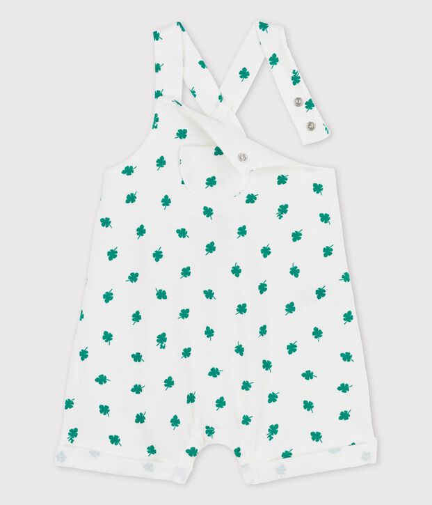 Kurze Baby-Latzhose aus leichtem Bio-Molton mit Pflanzenmuster weiss/gr&uuml;n