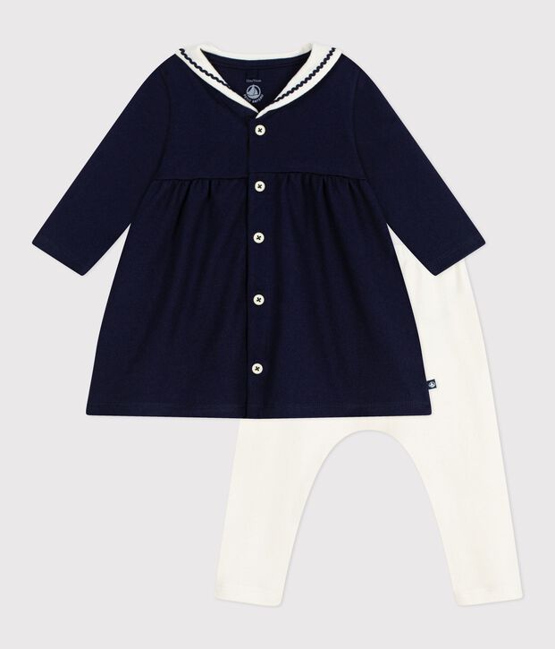 Baby-Kleid im Marine-Look mit Matrosenkragen und Leggings aus Baumwolle blau/naturfarben