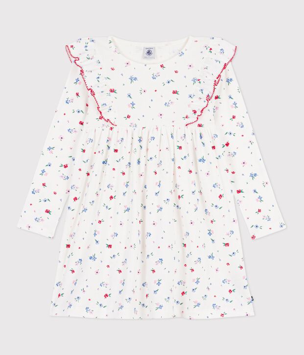 Lang&auml;rmeliges Kinder-Kleid aus Baumwolle mit Blumenmuster weiss/vielfarbig