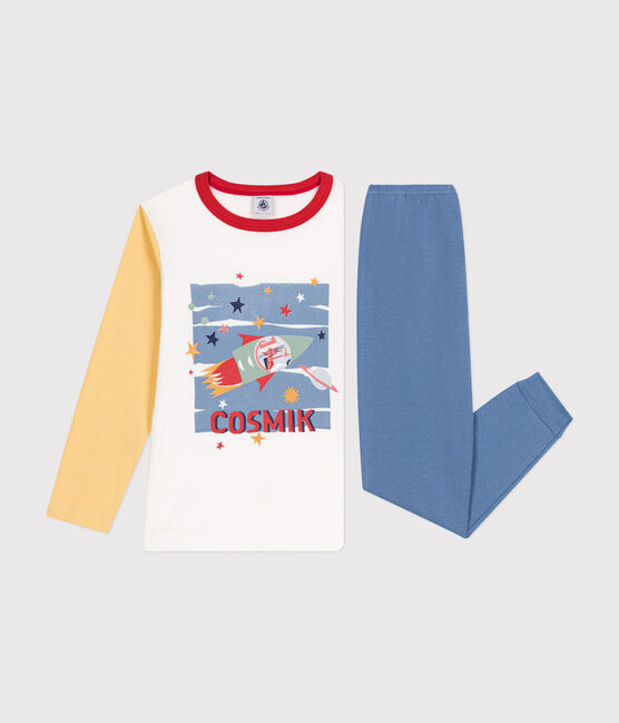 Kinder-Pyjama aus einfarbiger Baumwolle mit Weltraummotiv blau BEACH/ MULTICO