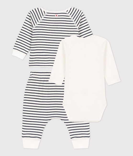 Klassisches Dreiteiliges Baby-Set aus Bio-Baumwolle weiss MARSHMALLOW/blau SMOKING