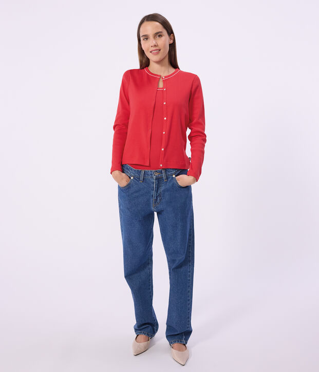 Damen-Cardigan aus einfarbiger Baumwolle rot