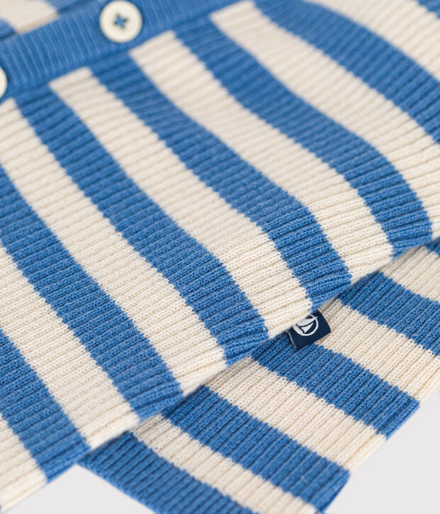 Gestreifter Baby-Overall aus Woll- und Baumwollstrick blau/naturfarben