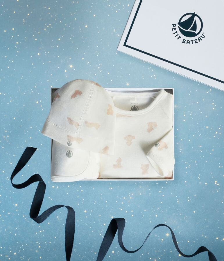 Baby-Geschenkset aus bedruckter Baumwolle weiss/BRUN
