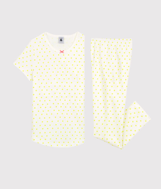 Kinderpyjama aus Baumwolle mit gelbem Polka-Dot-Muster für Mädchen weiss MARSHMALLOW/ SUNNY