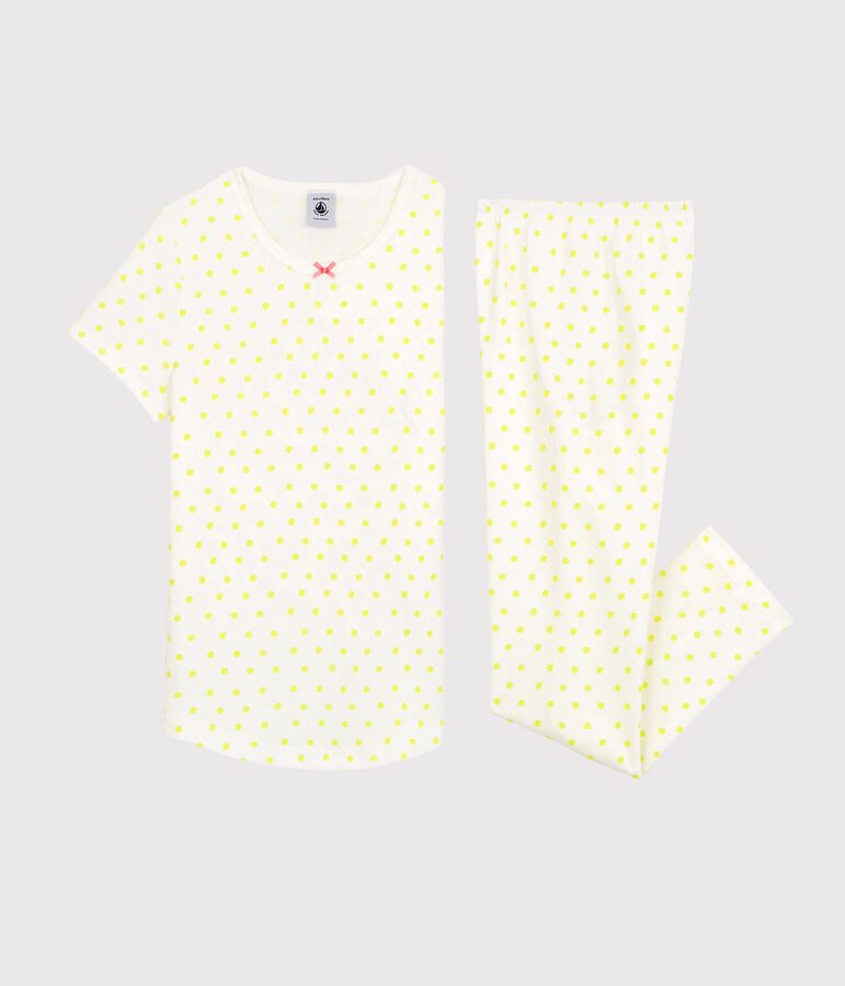 Kinderpyjama aus Baumwolle mit gelbem Polka-Dot-Muster f&uuml;r M&auml;dchen weiss MARSHMALLOW/ SUNNY