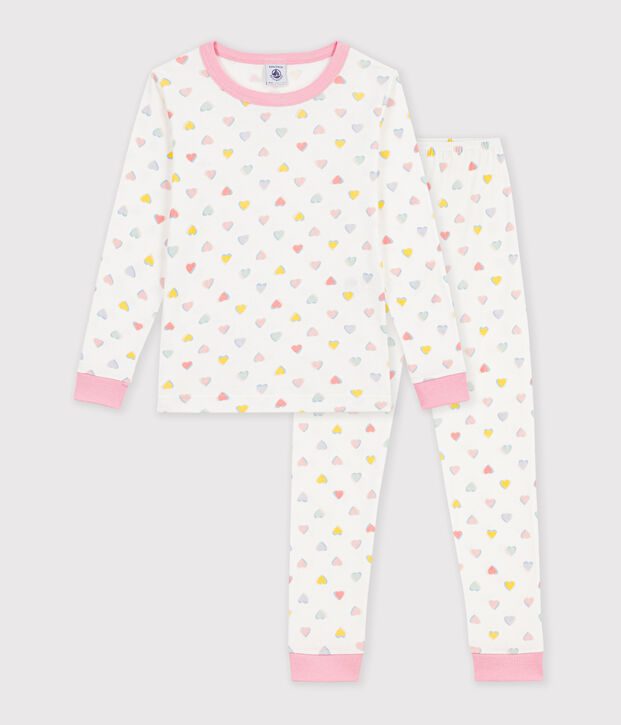 Eng anliegender Kinder-Pyjama aus gemusterter Baumwolle weiss/vielfarbig
