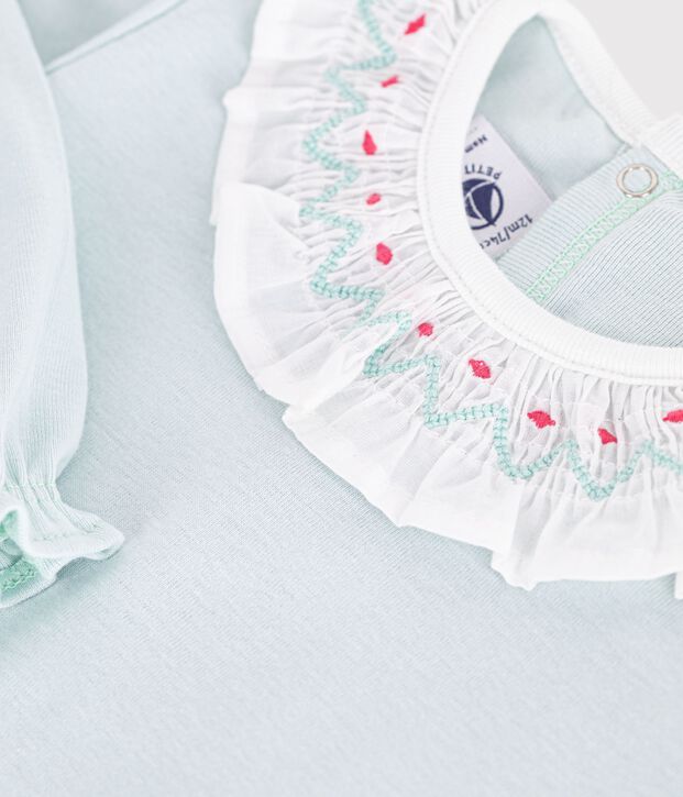 Strampler aus einfarbiger Baumwolle mit r&uuml;ckseitiger &Ouml;ffnung und R&uuml;schenkragen gr&uuml;n