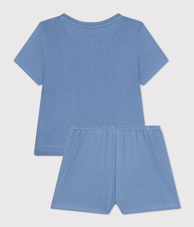 Einfarbiger Kurz-Pyjama aus Ajour-Baumwolle f&uuml;r kleine M&auml;dchen blau