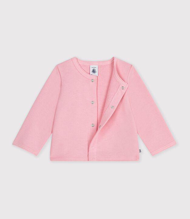 Baby-Cardigan aus einfarbiger Baumwolle mit Herzaufn&auml;her rosa
