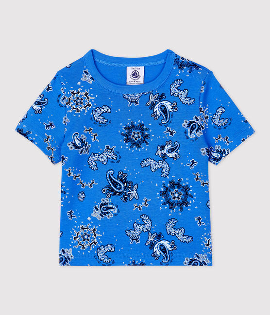 Kurzärmeliges Baby-T-Shirt aus Bio-Baumwolle mit Bandanaprint blau BRASIER/weiss MULTICO