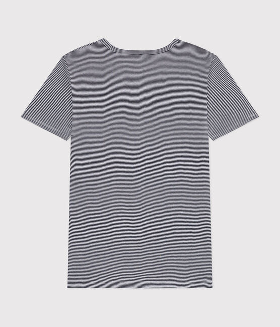Damen-T-Shirt L'Iconique aus Baumwolle mit V-Ausschnitt, gestreift blau SMOKING/weiss MARSHMALLOW