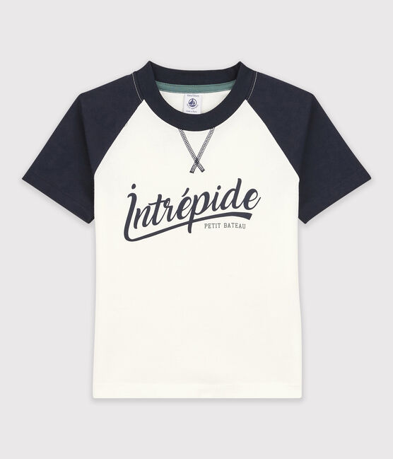 Kurzärmeliges Kinder-T-Shirt aus Jersey Jungen weiss MARSHMALLOW/blau SMOKING