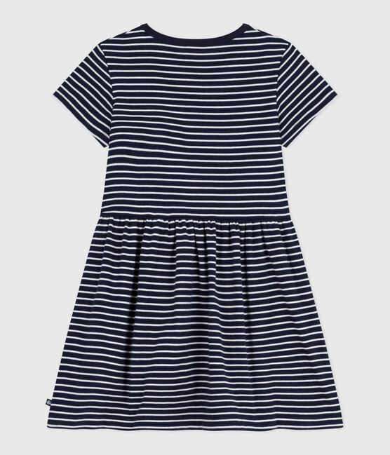 Kurzärmeliges Kinder-Kleid aus Baumwolle mit Streifen blau SMOKING/weiss MARSHMALLOW
