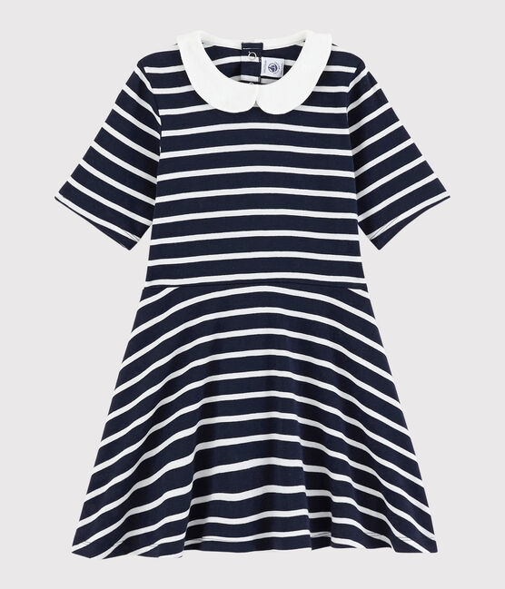 Kurzärmeliges Kinder-Kleid aus Baumwolle für Mädchen blau SMOKING/weiss MARSHMALLOW