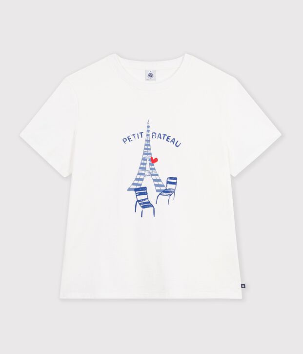 Kurzarm-T-Shirt aus Baumwolle f&uuml;r Damen mit Muster weiss