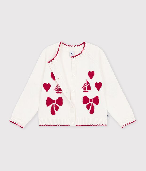 Kinder-Cardigan aus Wolle und Baumwolle mit Muster weiss/rot