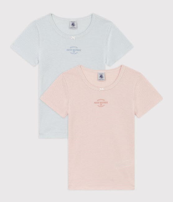 kurzärmelige Baumwolle Bateau variante 2er-Set für T-Shirts aus mit Mädchen Ringelstreifen | Petit 1