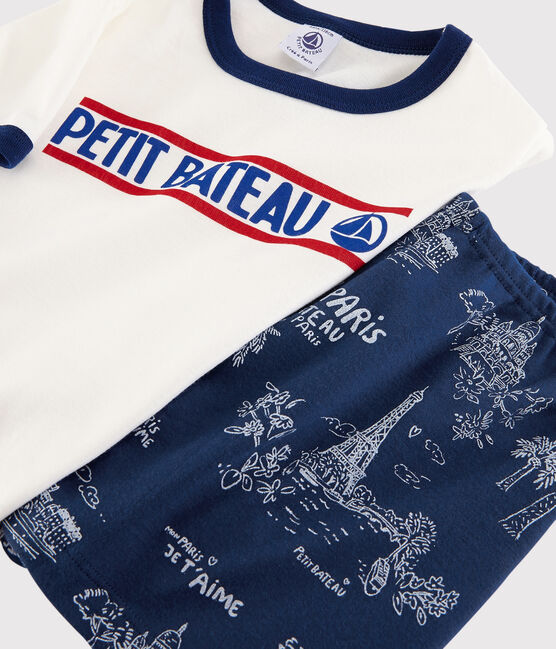 Kinder-Kurzpyjama aus Baumwolle mit Paris-Motiv im Toile-de-Jouy-Stil für Jungen blau MEDIEVAL/weiss MULTICO