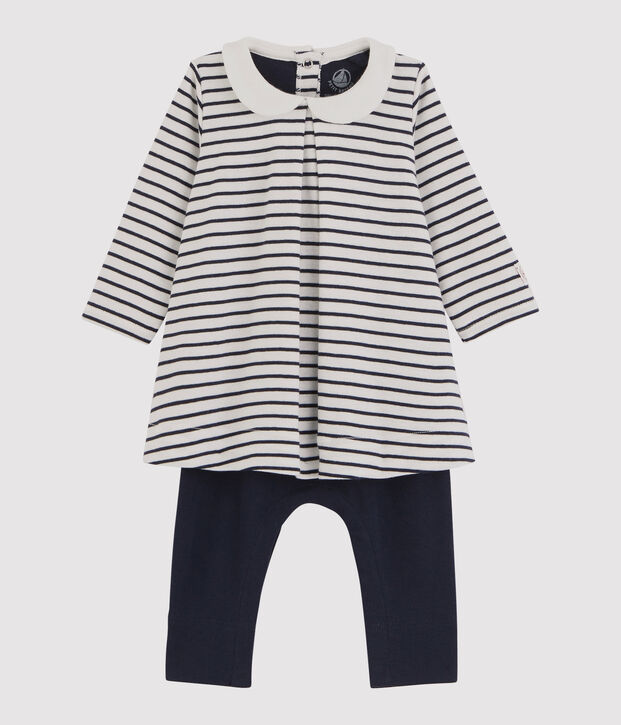 Baby-M&auml;dchen-Einteiler bestehend aus Kleid und Leggings weiss/blau