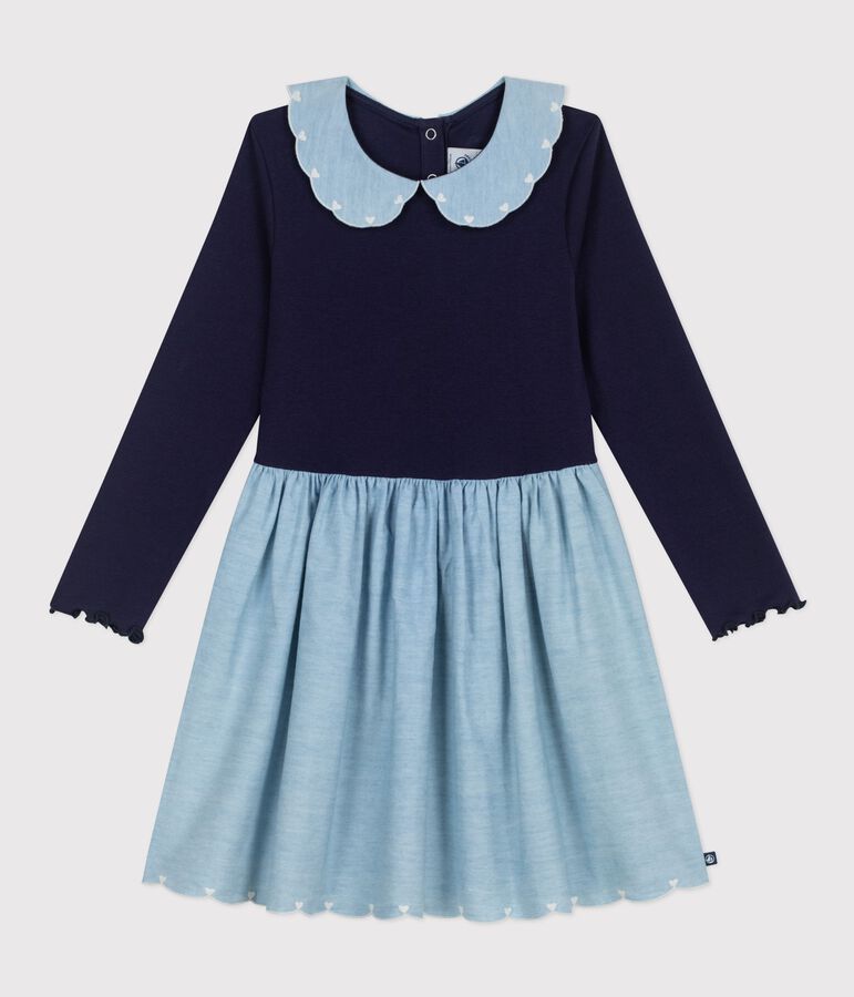 Lang&auml;rmeliges Kinder-Kleid aus zwei Stoffen blau SOIR