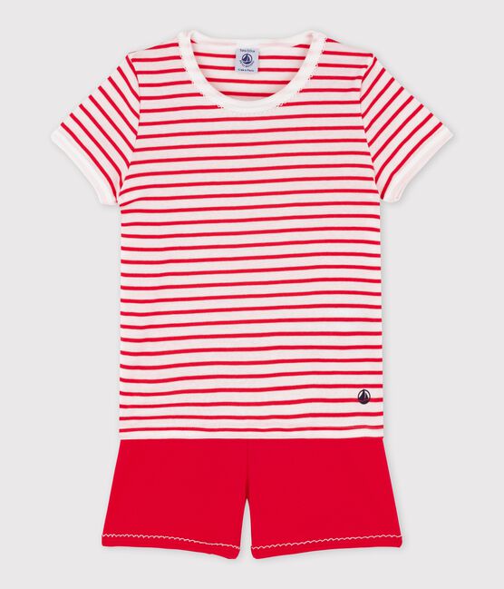 Kinder-Kurzpyjama aus Baumwolle mit Streifen für Mädchen weiss MARSHMALLOW/weiss MULTICO