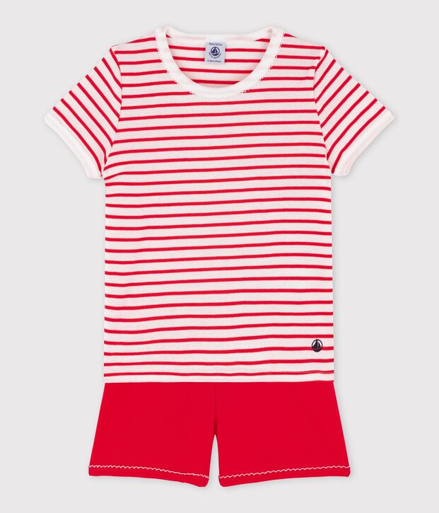 Kinder-Kurzpyjama aus Baumwolle mit Streifen f&uuml;r M&auml;dchen weiss/vielfarbig