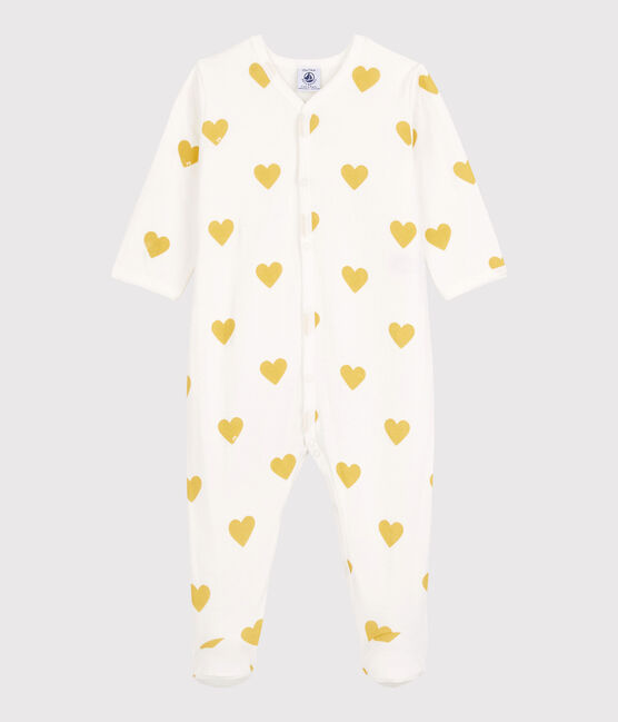 Baby-Strampler aus Bio-Baumwolle mit gelbem Herzmuster weiss MARSHMALLOW/gelb OCRE