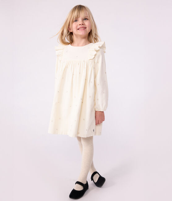 Langärmeliges Kinder-Kleid aus einfarbigem Fein-Cord. naturfarben MILK/ ARGENT