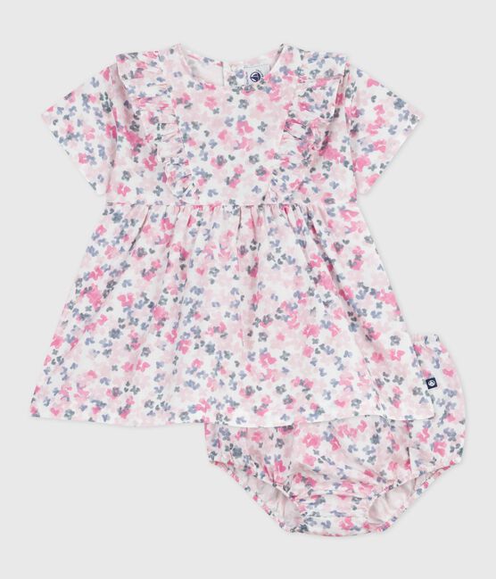 Kurzärmeliges Babykleid aus Baumwolle und dazu passender Bloomer weiss MARSHMALLOW/weiss MULTICO