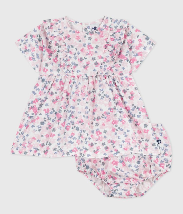Kurz&auml;rmeliges Babykleid aus Baumwolle und dazu passender Bloomer weiss/vielfarbig