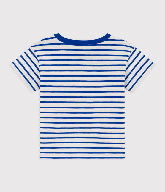 Kurzärmeliges, gestreiftes Baby-T-Shirt aus Baumwolle weiss MARSHMALLOW/blau PERSE