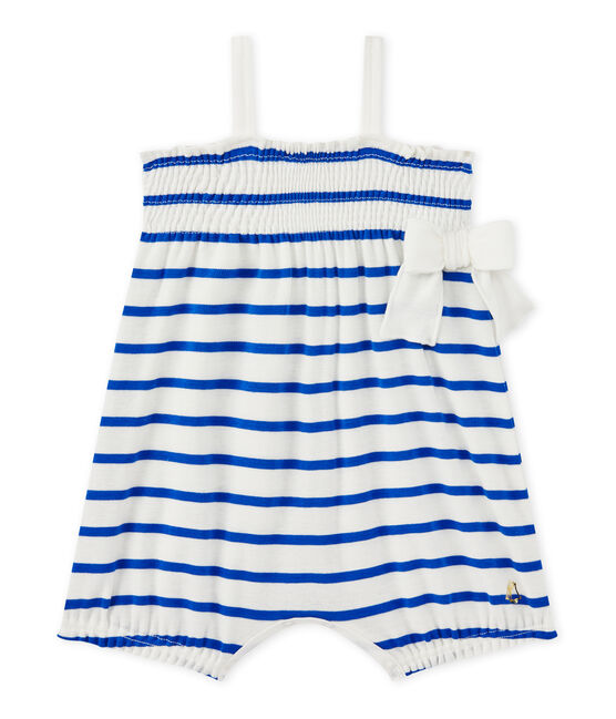 Kurzer Baby-Mädchen-Einteiler mit Trägern weiss MARSHMALLOW/blau PERSE